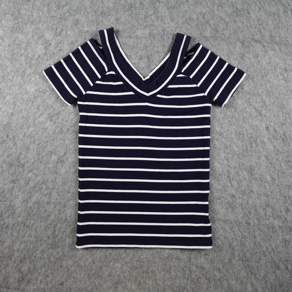 Puella Top Women 36 Small Navy White Striped Cold Shoulder V Neck Ribbed Cotton